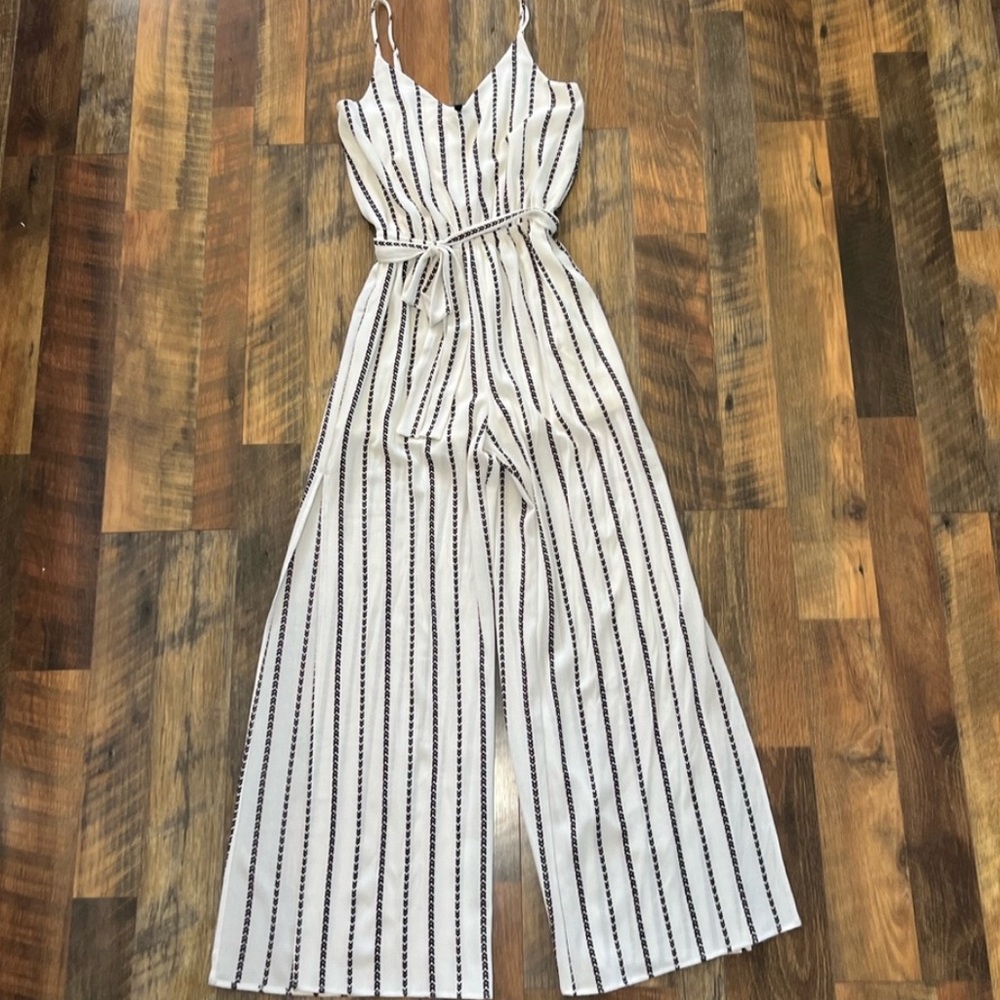 One Clothing Heart La Ivory Black Striped Jumpsuit - Picture 2 of 11